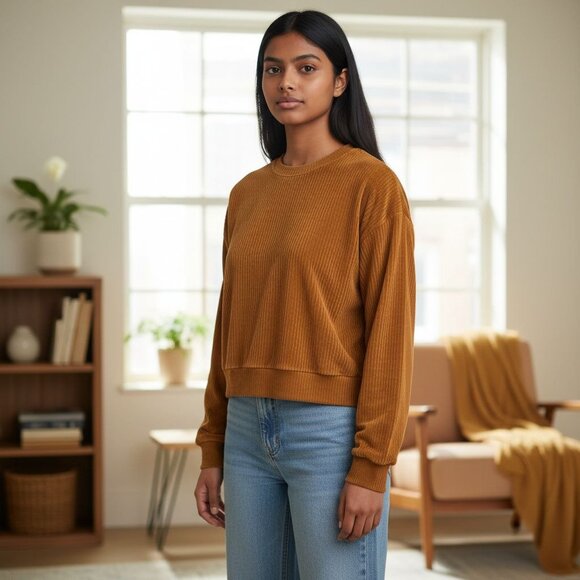 Prana Womens Rust Corduroy Velour Crewneck Pullover Sweatshirt Large - Picture 1 of 11